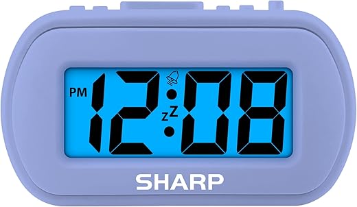 SHARP Digital Alarm Clock – Tactile Case with Soft Rubberized Finish - Battery Operated – Blue Backlight on Demand – Ascending Alarm – Easy to Use – Lavender