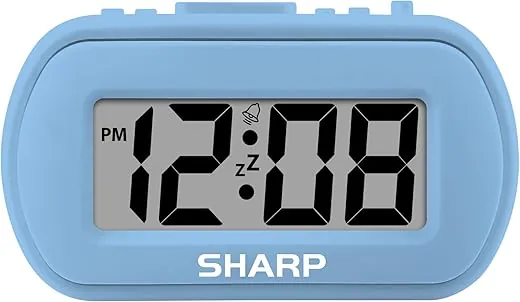 SHARP Digital Alarm Clock – Tactile Case with Soft Rubberized Finish - Battery Operated – Blue Backlight on Demand – Ascending Alarm – Easy to Use – Light Blue