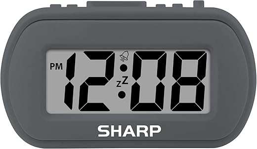 SHARP Digital Alarm Clock – Tactile Plastic Case with Soft Rubberized Finish - Battery Operated – Blue Backlight on Demand – Ascending Alarm – Easy to Use – Charcoal Black