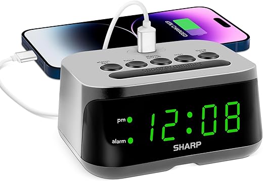 SHARP Digital Alarm Clock with Super Fast USB-C Charge Port & Green LED Display