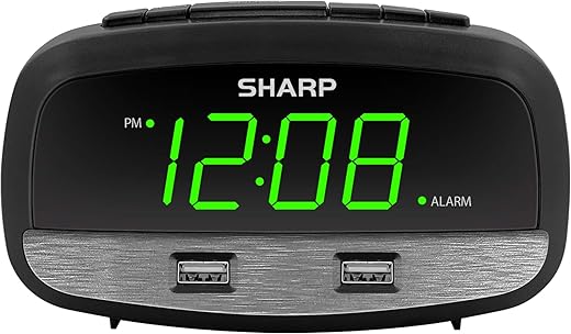 SHARP Digital Clock with Alarm and Dual USB FastCharge Charging Ports - Charge Your Phone Bedside - Battery Back-up - Easy to Use - Green Display