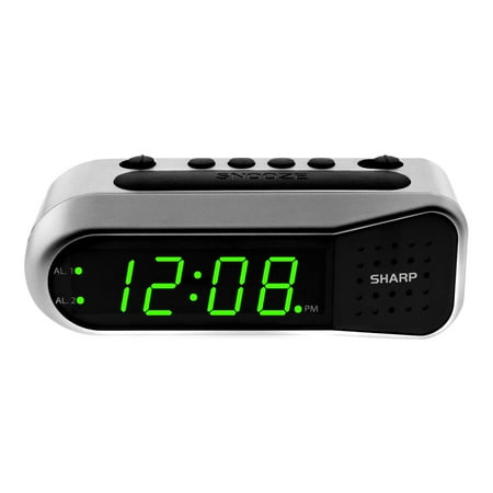 SHARP Digital Dual Alarm Clock, Silver with Green LED Display, Ascending Alarm