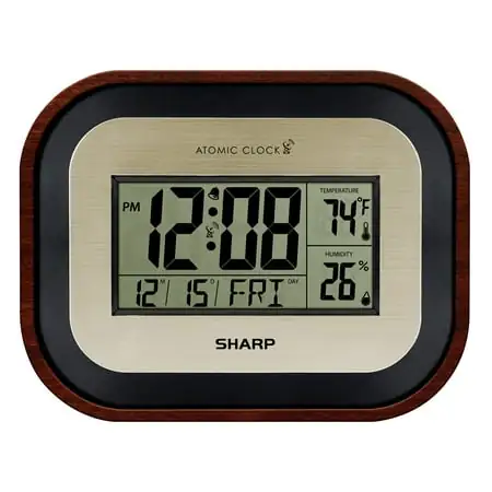 Sharp Digital Wall Clock, Self-Setting Atomic Desk Clock Woodgrain Finish