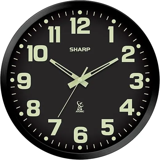 SHARP Glow in The Dark Atomic Analog Wall Clock - 12" Clock with Black Frame - Sets Automatically - Battery Operated - Easy to Read - Easy to Use – See Day or Night!