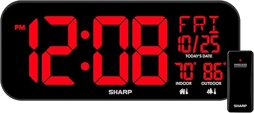 SHARP Large Oversized Screen LED Clock with Outdoor/Indoor Temperature with Outdoor Sensor, with Date and Day of Week – 14 inch Clock with 4 inch Digits