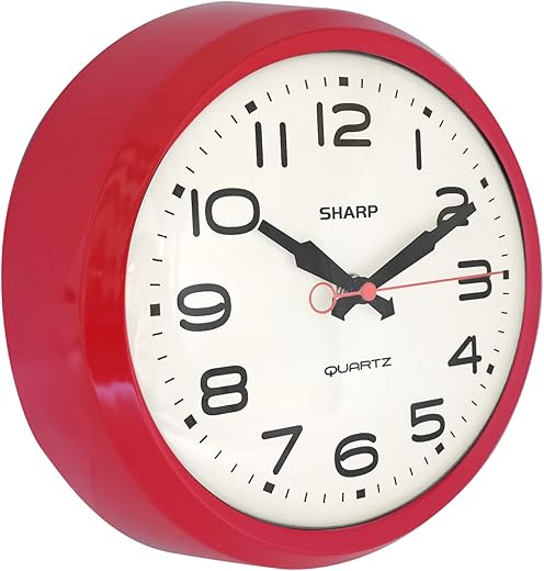 SHARP Retro Wall Clock Red Vintage Design Round Silent Non Ticking Battery Operated Quality Quartz Clock