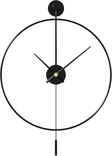 SHISEDECO Classical Large Modern Round Minimalist Wall Clock with Swing Pendulum, Non-Ticking Silent Metal Decorative Creative Art Clocks for Home, Living Room, Bedroom, Study, Office (20, Black)