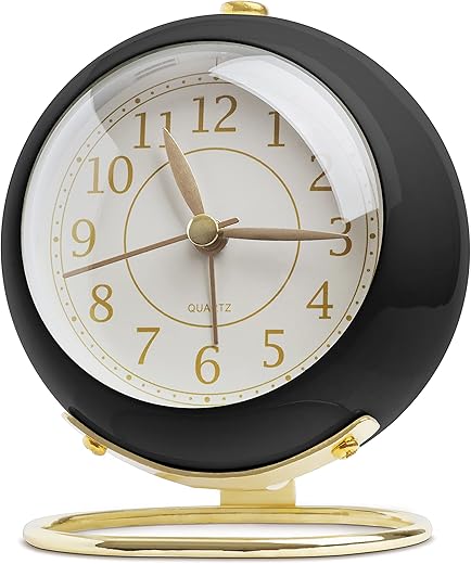 SHISEDECO Small Table Clocks, Classic Non-Ticking Tabletop Alarm Clock with Backlight, Battery Operated Desk Clock with HD Glass for Living Room Bedroom Bedside Indoor Decor (Black Gold)