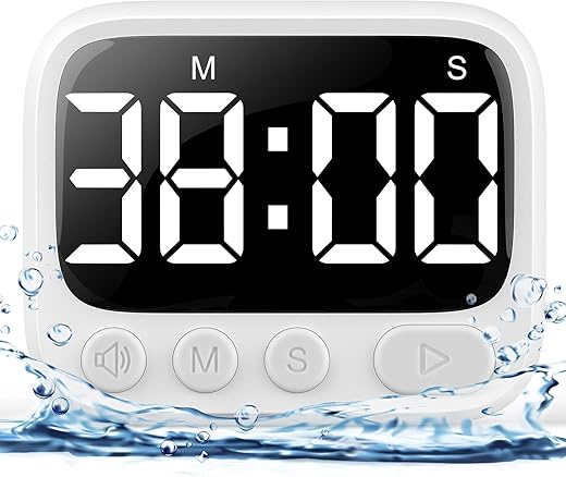 Shower Timer Waterproof Bathroom Timer Toilet Timer Digital Kitchen Timer for Wall Mount, Study Timer w/Foldable Stand, Countdown Timer/Stopwatch/Mute/High/Low Volume, White