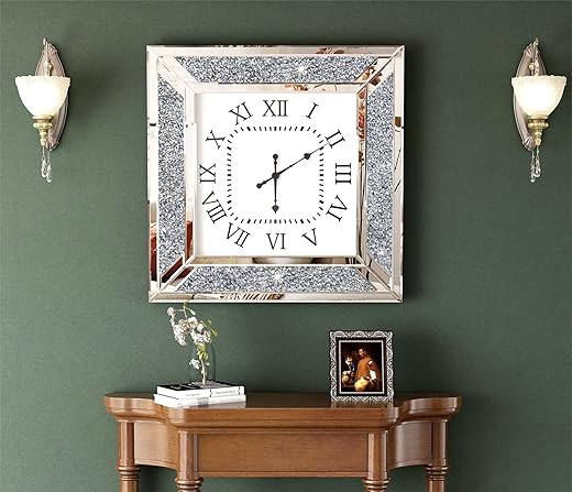 SHYFOY Gliter Deorative Wall Clock 24 inch - Large Mirrored Clock for Wall Living Room Decor Silver Big Clock Modern Wall Decor Crushed Diamond Home Decor