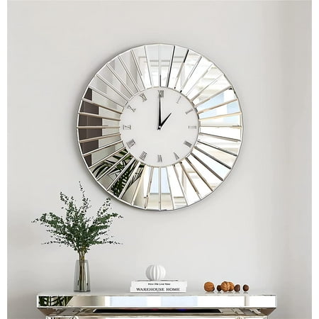 SHYFOY Mirror Glass Wall Clock - 24in Round Silver Glass Finish Decorative Wall Clock for Living Room Office Home Decor