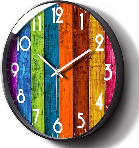 Silent Modern Wall Clock Colorful Kitchen Clocks Battery Operated Non-Ticking Unique Wall Clocks Extra Quiet Analog Wall Clock Wall Decorative for Kids Room Bathroom Living Room Wall Clock 12inch