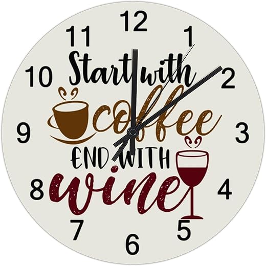 Silent Non-Ticking PVC Wall Clocks,Start with Coffee End with Wine Round Wall Clocks Battery Operated Vintage Country Style Home Decor 10