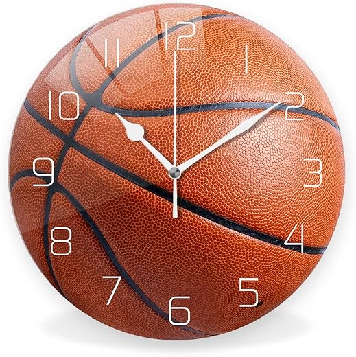 Silent Non-Ticking Sport Theme Wall Clocks, Basketball Pattern Wall Clock, Battery Operated 11.8x11.8 Round Wall Clock for Home Decor Boy Room Living Room School Birthday Gift