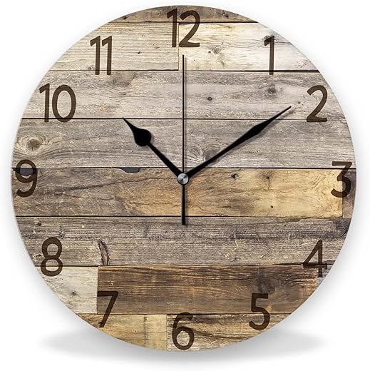 Silent Non-Ticking Wall Clocks, Brown Wood Barn Board Brown Pine Plank Rustic Wall Clocks, Battery Operated 9.8x9.8 Round Wall Clock for Home Decor Living Room Kitchen Office