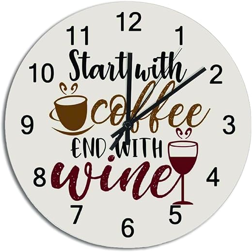 Silent Non-Ticking Wooden Wall Clocks,Start with Coffee End with Wine Round Wall Clocks Battery Operated Vintage Country Style Home Decor 12 Made in USA