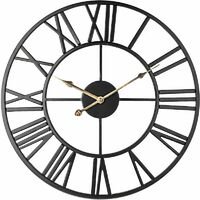 Silent Skeleton Wall Clock, Roman Numerals, 40cm Large Metal Vintage Clock for Living Room Kitchen Cafe Hotel Bedroom Decoration (Black Gold)