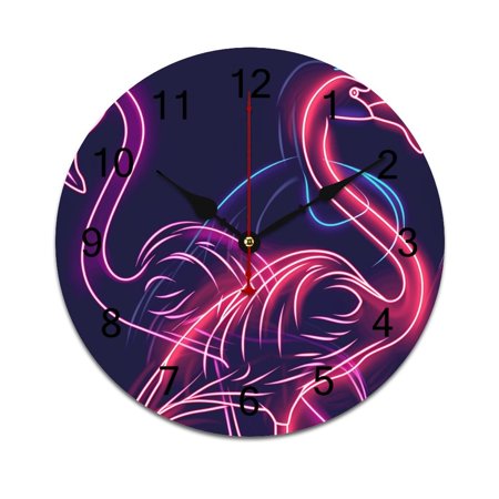 Silent Wall Clock 30cm/11.8in Round Wall Clock Neon Flamingo Hanging Clock for Home Living Room Bedroom Kitchen Non Ticking Battery Operated Living Room Mute Clock