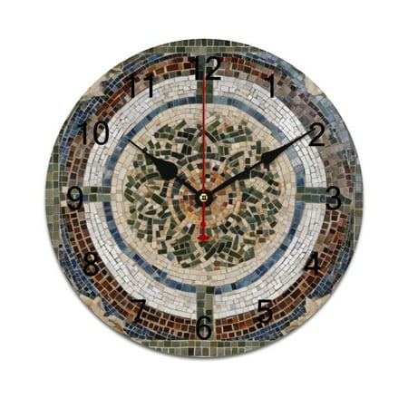 Silent Wall Clock 40cm/15.75in Round Wall Clock Mediterranean Style Mosaic Around Hanging Clock for Home Living Room Bedroom Kitchen Non Ticking Battery Operated Living Room Mute Clock