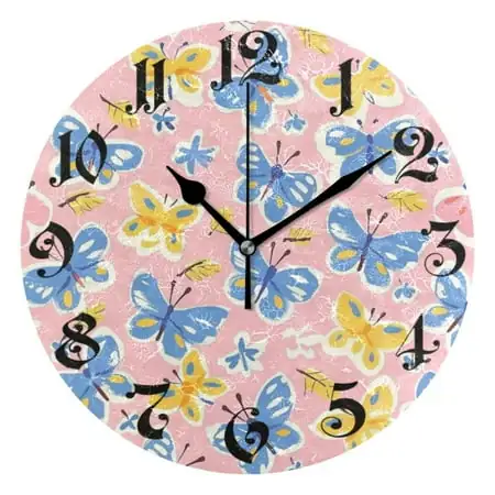 Silent Wall Clock Butterflies on Pink 10 Non-Ticking Battery Clock Rustic Retro Home Decorative for Living Room Kitchen Bathroom