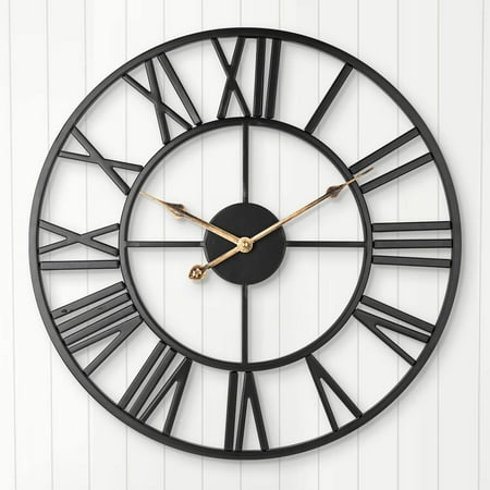 Silent Wall Clock, European Farmhouse Vintage Clock with Roman Numerals, 40cm Metal Skeleton Battery Operated No Ticking Decorative Clock for Home Kitchen (Black)