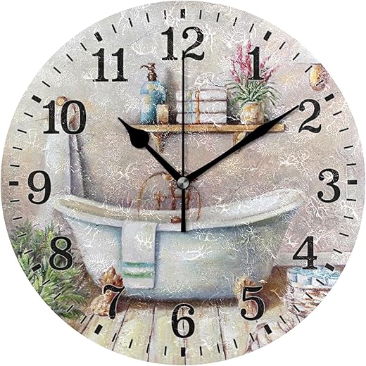 Silent Wall Clock for Bathroom Decorarion, Battery Powered No Ticking 10 Inch Round Small Plastic Horloge for Home, Living Room