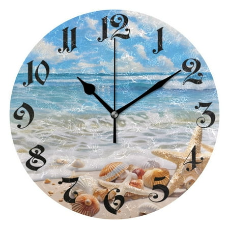 Silent Wall Clock Seastar Seashell on Beach 10 Non-Ticking Battery Clock Rustic Retro Home Decorative for Living Room Kitchen Bathroom