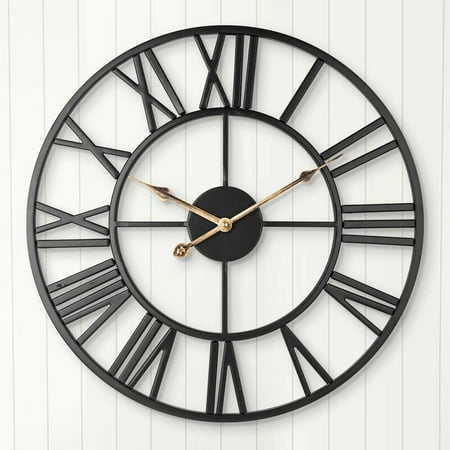 Silent Wall Clock, Vintage European Farmhouse Clock with Roman Numerals, 40cm Non-Ticking Battery Operated Metal Skeleton Decorative Clock for Home Kitchen (Black)