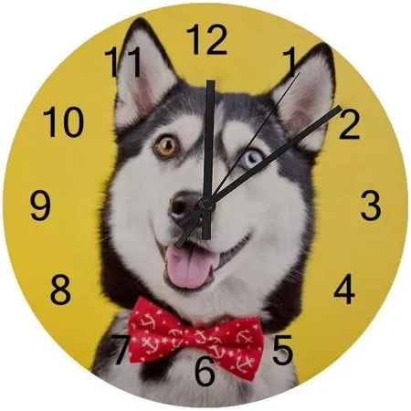 Silent Wooden Round Wall Clock Funny Husky Non Ticking Battery Operated Clocks for Home Office Living Room Bedroom