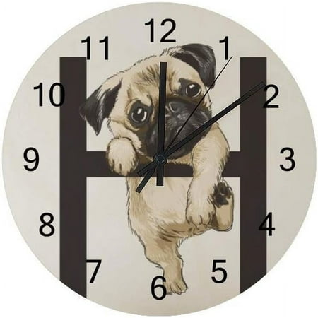 Silent Wooden Round Wall Clock Funny Pug Hanging On Alphabet Non Ticking Battery Operated Clocks for Home Office Living Room Bedroom