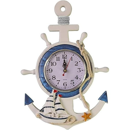 Silent Wooden Wall Clock with Anchor Wheel on the Sea and Beach Theme