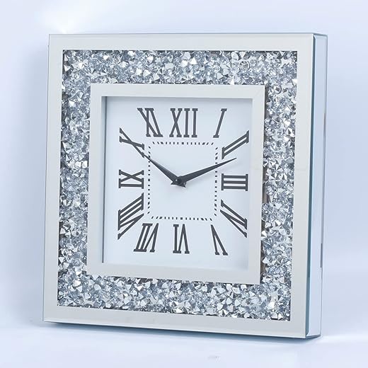 Silver Mirror Clock Crystal Sparkle Twinkle Bling Crush Diamond Mirrored Large Wall Clock for Wall Decoration Silver Glass Mirror Home Décor. AA Battery is not Included. (14 inches-Square)