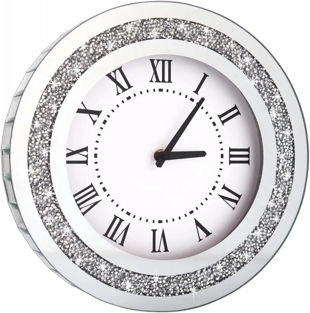 Silver Round Mirror Clock 12inch Crystal Sparkle Twinkle Bling Crush Diamond Mirrored Wall Clock for Wall Decoration Silver Glass Mirror Home Decor. AA Battery is not Included.