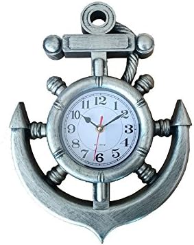 Silver Ship Wheel and Anchor Wall Clock 15" - Nautical Clock - Nautical Theme