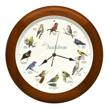 Singing Bird Audobon On The Hour Cherry Finish 13 x 13 Solid Wood Wall Clock