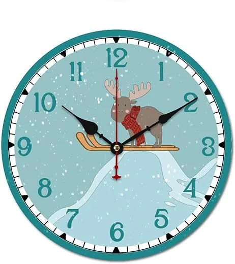 Ski Moose Silent Movement Wall Clock Decorative for Home, School, Bathroom, Kindergarten, Wall Clock Battery Operated - 13.4 Inch Ski Moose Rustic Clock Gifts for Family