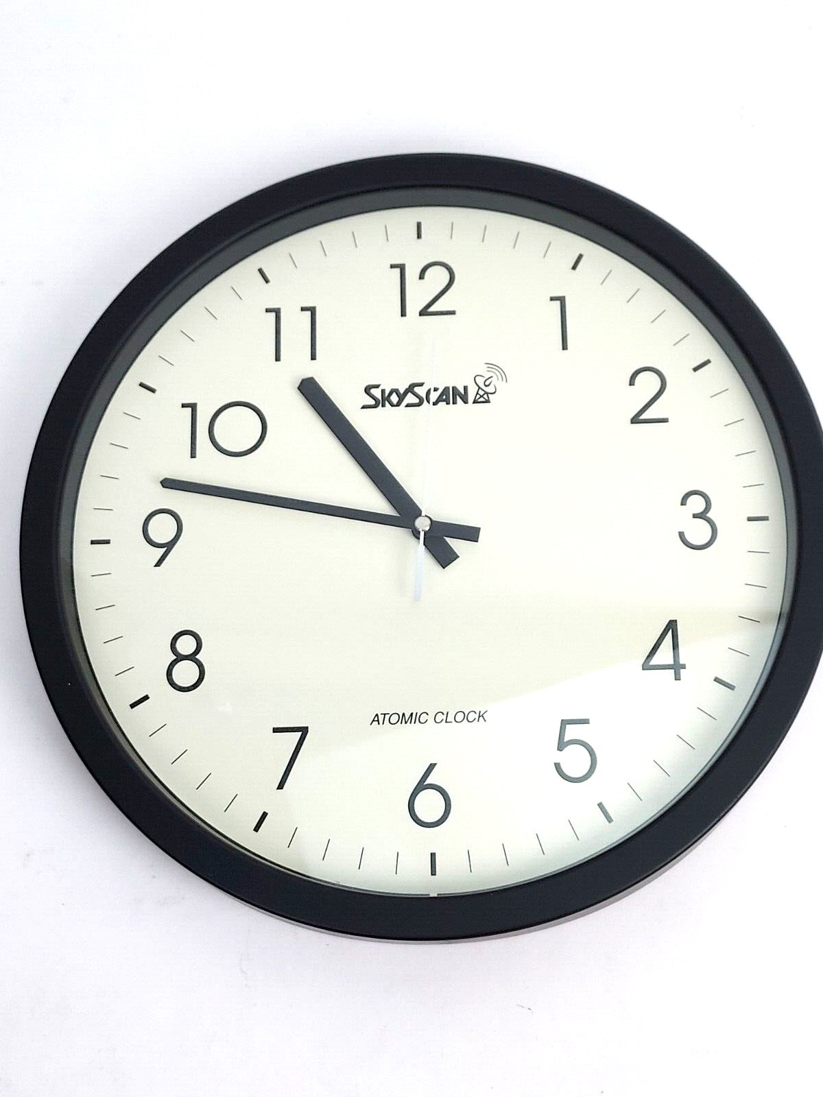 SkyScan Atomic Wall Clock 14 inch Diameter Black Edge White Face