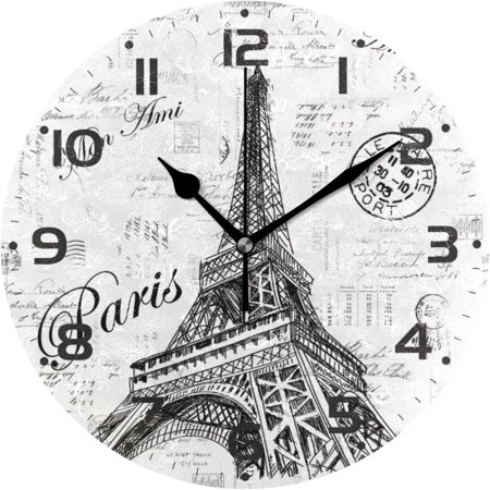 SKYSONIC Paris Eiffel Tower Wall Clock 10 Inch Silent Non Ticking Round Clock Oil Painting Clock Easy to Read Clock for Living Room Bedroom Bathroom Home Decor