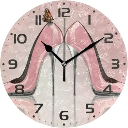 SKYSONIC Pink High Heels Butterfly Wall Clock 10 Inch Silent Non Ticking Round Clock Oil Painting Clock Easy to Read Clock for Living Room Bedroom Bathroom Home Decor