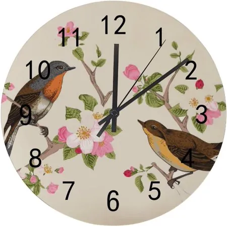 SKYSONIC Silent Wooden Round Wall Clock Birds Flower Branch on Light Beige Non Ticking Battery Operated Clocks for Home Office Living Room Bedroom