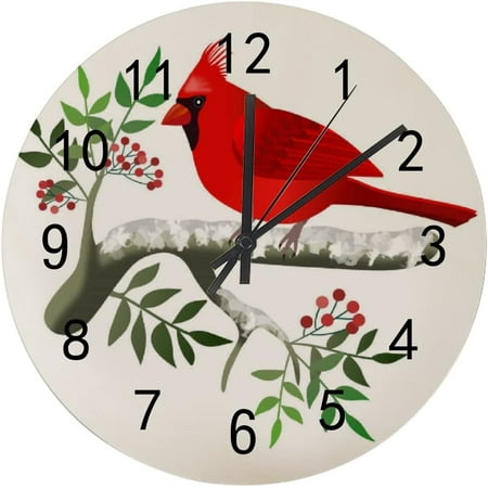 SKYSONIC Silent Wooden Round Wall Clock Cardinal Bird on Branches with Berries Non Ticking Battery Operated Clocks for Home Office Living Room Bedroom