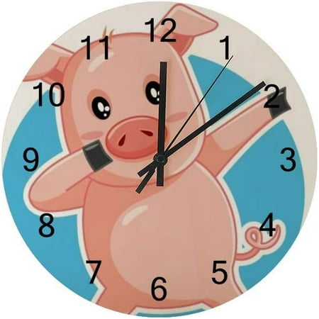 SKYSONIC Silent Wooden Round Wall Clock Funny Dabbing Pig Non Ticking Battery Operated Clocks for Home Office Living Room Bedroom