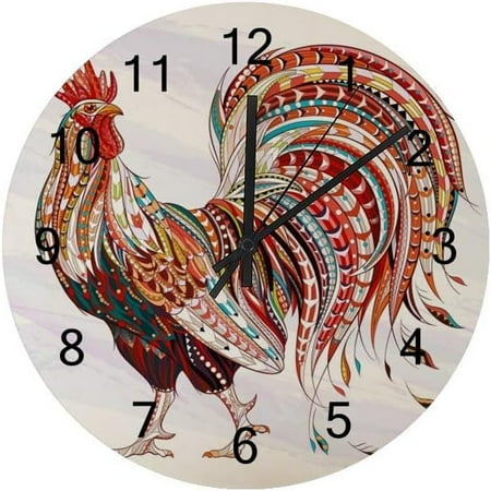 SKYSONIC Silent Wooden Round Wall Clock Rooster On Grunge Back Non Ticking Battery Operated Clocks for Home Office Living Room Bedroom