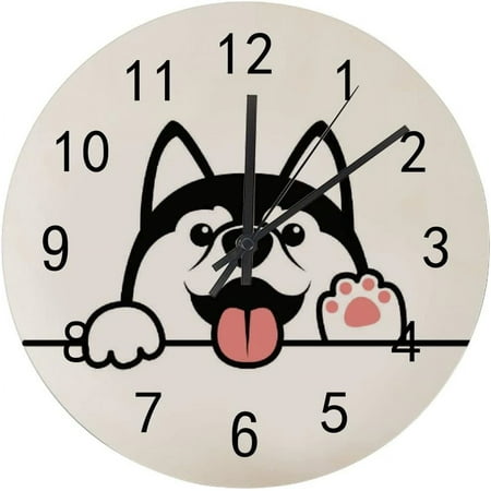 SKYSONIC Wooden Round Wall Clock Cute Little Black White Dog Non Ticking Battery Operated Clocks for Home Office Living Room Bedroom