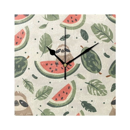 Sloth Watermelons Leaves Wall Clock Battery Operated Square Black Pointer Home Decor for Living Room Bedroom 7.78 x 7.78