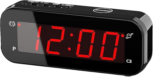 Small Digital Alarm Clock with Temperature Display - Battery Operated,Adjustable Brightness,Snooze,12/24Hr,Cordless,Night Mode - Ideal Beside Clock for Bedroom Desk Travel (Red Display)