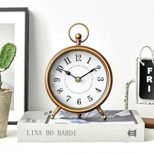 Small Gold Table and Shelf Desk Clock,Vintage Small Table Clock on Stand, Decorative Desk and Shelf Clock Farmhouse Mantel Non-Ticking Clock Rustic Metal Frame with Antique Gold Finish