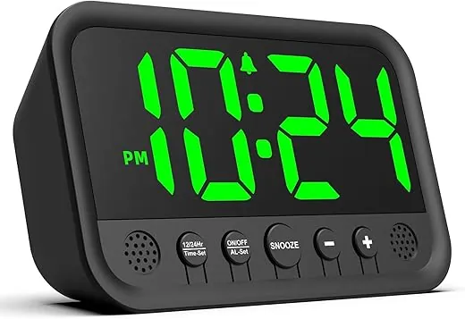 Small LED Digital Clock for Bedroom, Loud Alarm Clock for Heavy Sleepers Adults, Teens | Plug-In Electric Desk Clock | Simple Bedside Nightstand Clock with Adjustable Volume/Brightness/Snooze – Green