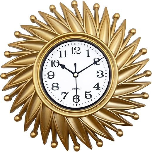 Small Wall Clock, 10 Inch Gold Sunburst Wall Clock Battery Operated, Mid Century Vintage Decorative Wall Clock for Living Room, Bedroom, Kitchen, Bathroom, Office