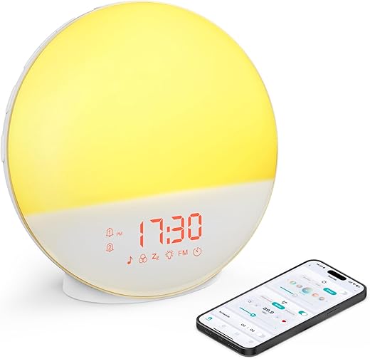 Smart Sunrise Alarm Clock Wake Up Light for Heavy Sleepers, Sunrise/Sunset Simulation, Quadruple Alarms & Natural Sounds, Customizable Sleep Routines, Ideal Present (App No Signup)